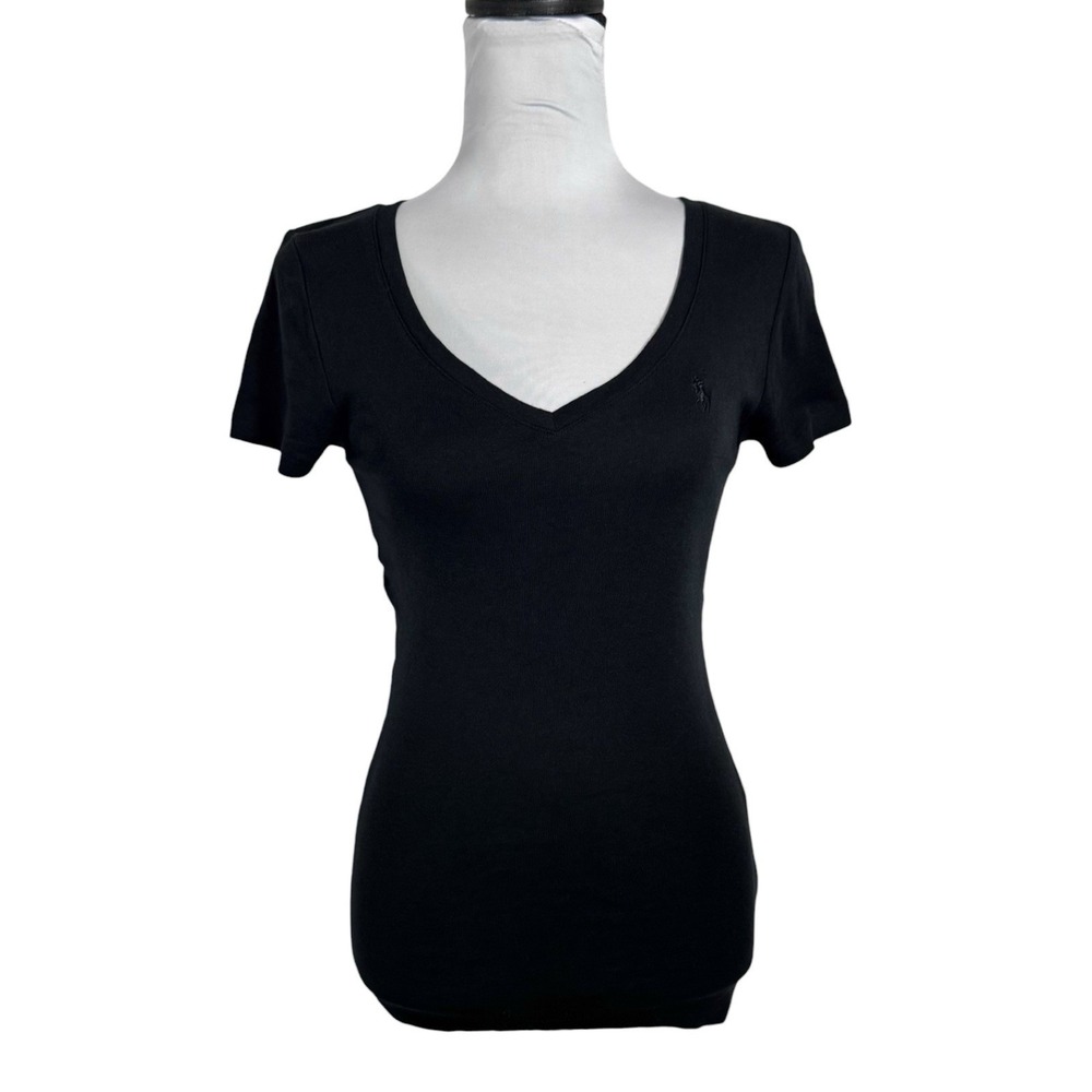 Ralph Lauren Sport Long Slinky V Neck T Shirt Size M‎ Fitted Black Jersey Knit